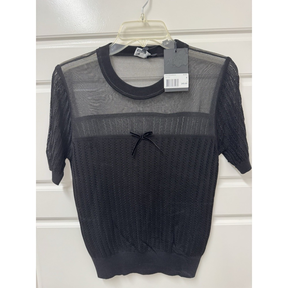 The Kooples Black Knitted Top Semi Sheer Velvet Bow FPUL29010KW24 EU 4 XL NWT